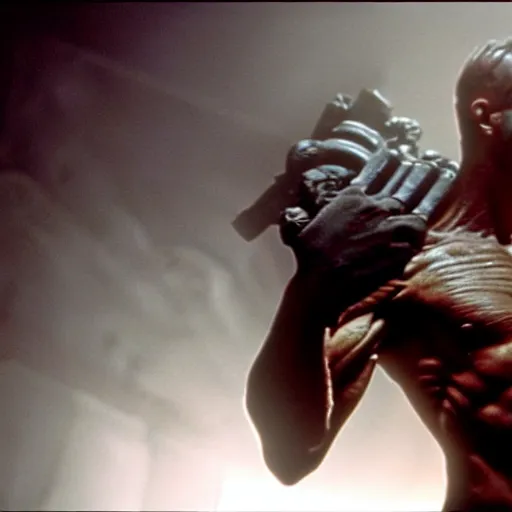 Prompt: muscular soldier with rock - like skin texture, still from the movie aliens, fog, dramatic lighting