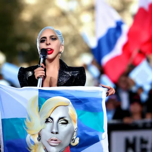 Image similar to Lady Gaga as president, Argentina presidential rally, Argentine flags behind, bokeh, giving a speech, detailed face, Argentina