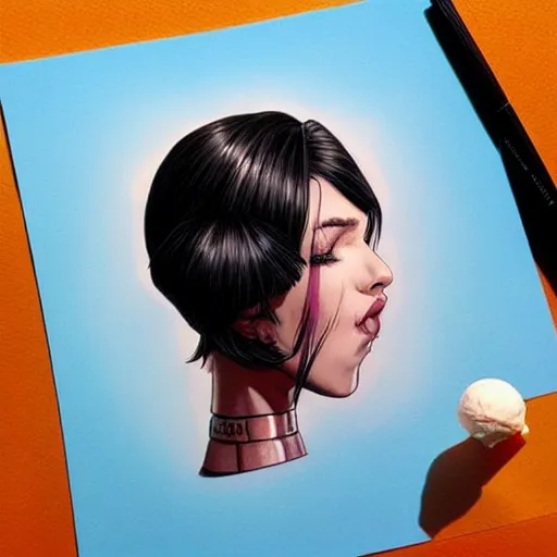 Prompt: head has the form of an ice cream ball. it is on top of an ice cream cone. colorful ink, by artgerm