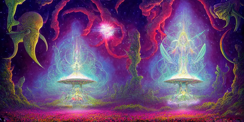 Image similar to a beautiful painting of a large alien shrine shrouded by mystic nebula magic in a field of flowers by moebius and android jones, oil on canvas sharp, details, hyper - detailed, hd, hdr, 4 k, 8 k