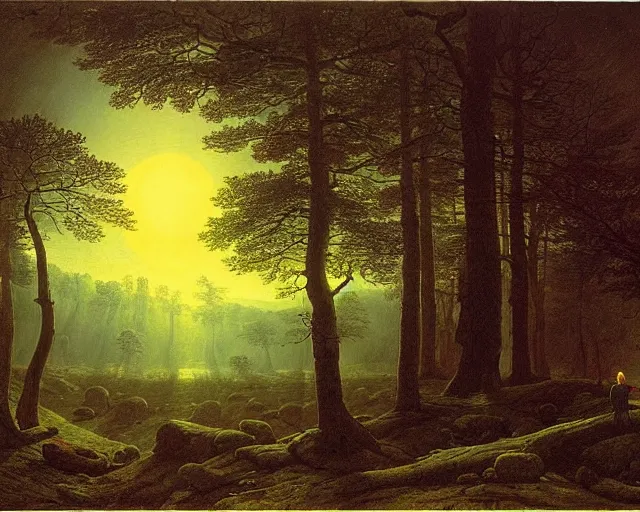 Image similar to forest landscape in the moonlight by caspar david friedrich, sebastian pether, giovanni grubacs, detailed