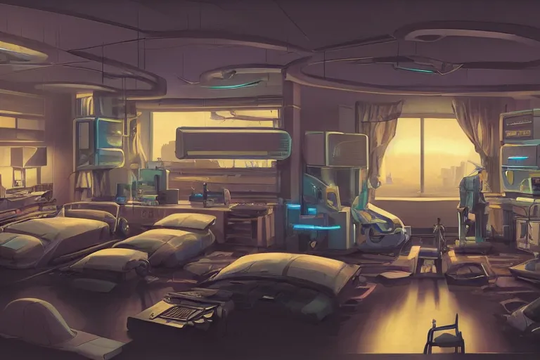 Image similar to stunning concept illustration of a retrofuturism cyberpunk bedroom full of computers, by ron cobb, hd, 4 k