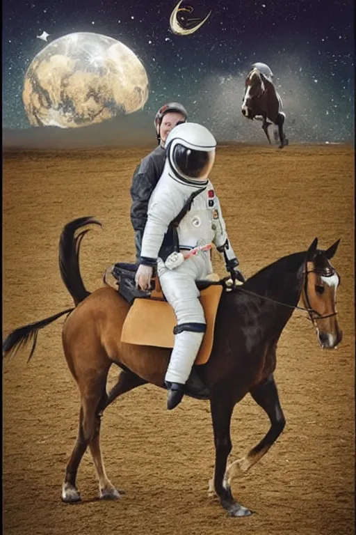 Image similar to a horse riding an astronaut.