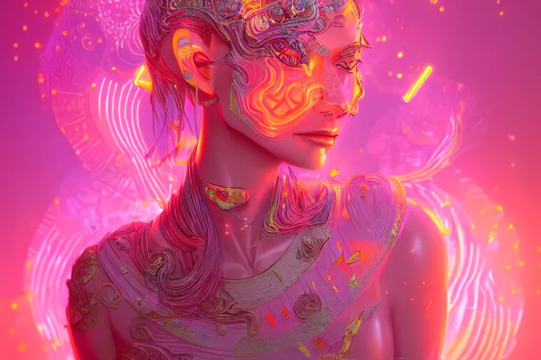 Prompt: photo of surreal goddes of war in neon lighting, elegant, highly detailed, smooth, sharp focus, trippy, dmt, psychedelic, illustration, beautiful, geometric, trending on artstation, cinematic, artwork by WLOP