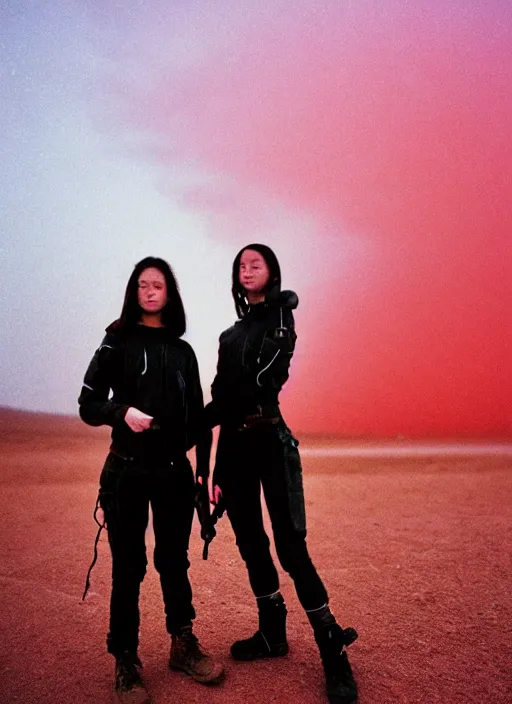 Image similar to cinestill 5 0 d photographic portrait of two loving female androids wearing rugged black techwear on a desolate plain with a red sky, extreme closeup, lizard on ground, cyberpunk style, in front of a brutalist dark metal facility, dust storm, 3 5 mm, f / 3 2, ultra realistic faces, 8 k, hd, high resolution