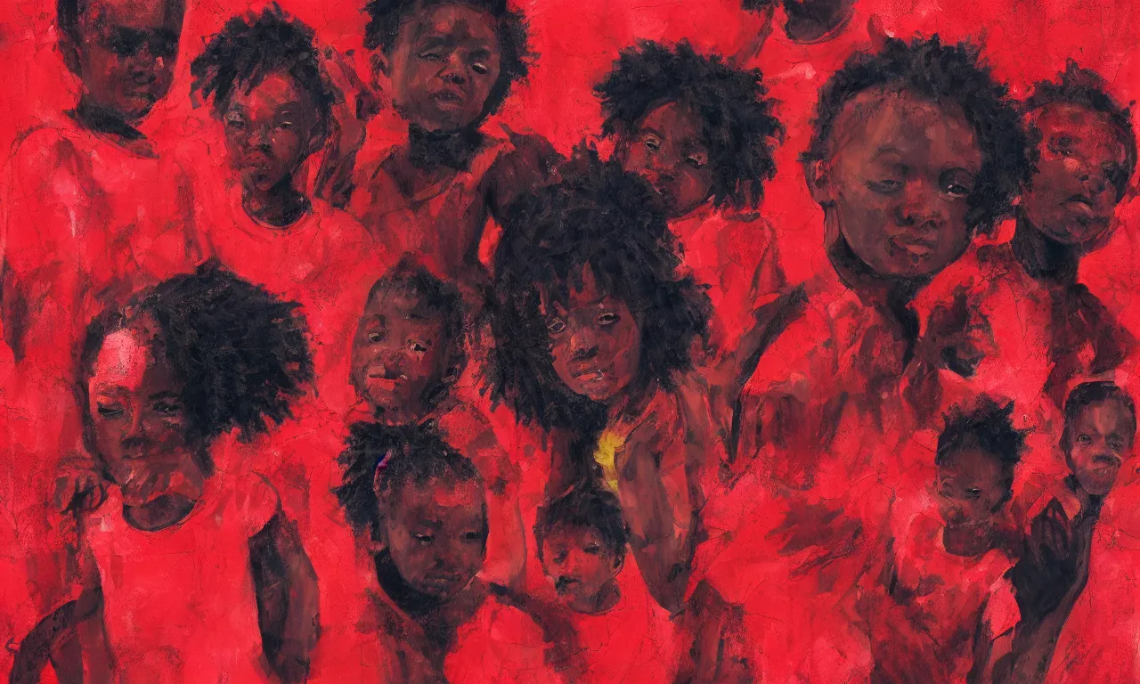 Prompt: black kids mixing with together in a cloudy red abstract background , a detailed painting by Naudline Cluvie Pierre, trending on artstation