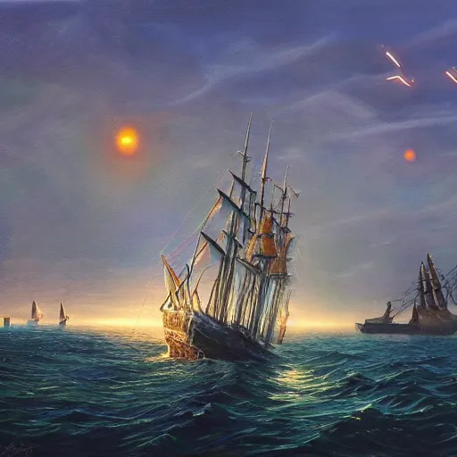 Image similar to a beautiful coastline with an ominous biopunk tower with glowing lights rising in the distance with a sailing ship in the foreground, painting by John Berkley