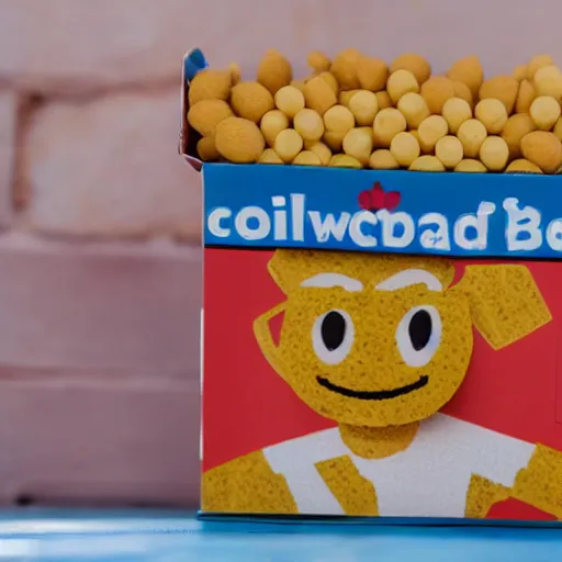 Image similar to cereal box with a wheat mascot wearing a crown