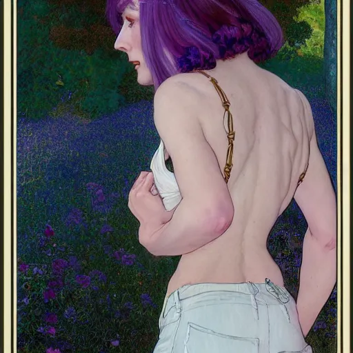 Image similar to A woman with violet hair and long pixie haircut in shorts and white shirt drawn by Donato Giancola and Jon Foster, frank frazetta, alphonse mucha, background by James Jean and gustav klimt, 4k, volumetric lighting, french nouveau, trending on artstation, octane render, hyperrealistic