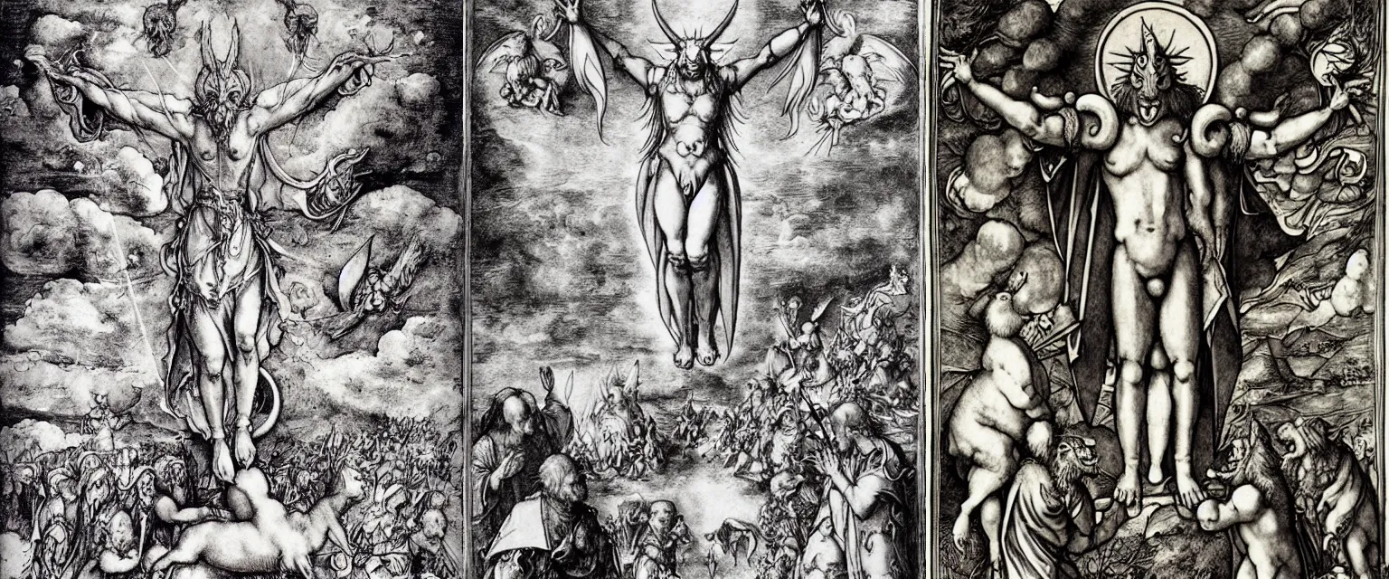 Prompt: the ascension of renamon to godhood, detailed illustration by albrecht durer