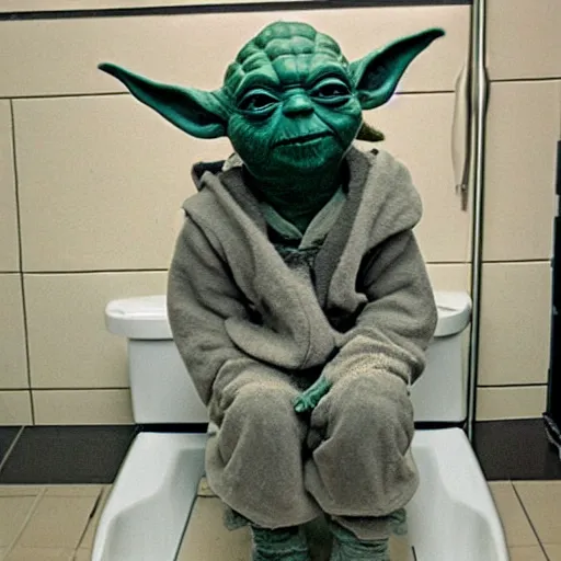 Image similar to yoda sitting on toilet