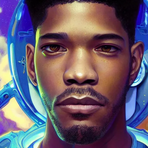 Image similar to scifi character portrait of Kid Cudi, utopian mood, intricate, wild, highly detailed, digital painting, artstation, concept art, smooth, sharp focus, illustration, art by artgerm and greg rutkowski and alphonse mucha