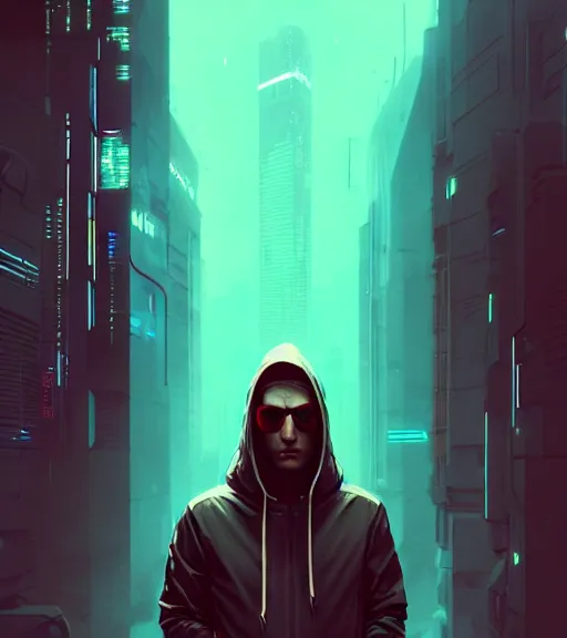 Image similar to cyberpunk synth, hyper - realistic portrait of a man in a hoodie, cyberpunk, by atey ghailan, by greg rutkowski, by greg tocchini, by james gilleard, by joe fenton, by kaethe butcher, dynamic lighting, gradient light blue, brown, blonde cream and white color scheme, grunge aesthetic