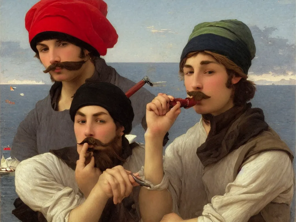 Image similar to a young french sailor with a mustache and a red beanie hat is smoking a pipe in his boat, by bouguereau and by botticelli