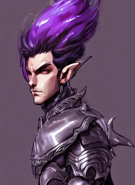 Image similar to Half body portrait of a handsome elven aristocrat with short hair wearing purple heavy armor. In style of Yoji Shinkawa and Hyung-tae Kim, trending on ArtStation, dark fantasy, great composition, concept art, highly detailed, dynamic pose.