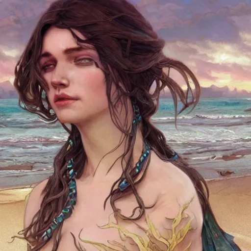 Image similar to a sad mermaid on a beach that is covered in oil and thrash, ultra realistic, concept art, intricate details, highly detailed, photorealistic, octane render, 8 k, unreal engine. art by artgerm and greg rutkowski and magali villeneuve and alphonse mucha