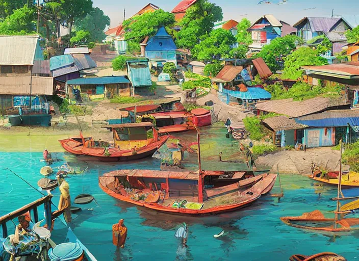 Image similar to kuala terengganu fishing village, summer morning, very coherent and colorful high contrast, art by gediminas pranckevicius, geof darrow, makoto shinkai, dark shadows, hard lighting