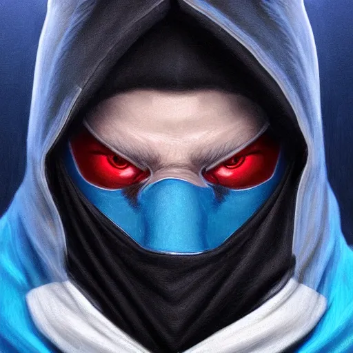 Image similar to ultra realistic illustration, man with black hair with a black mask, in a hood in the form of a blue shark with white teeth, red and blue eyes, mysterious, poker man, highly detailed, digital painting, artstation, concept art, smooth, sharp focus, illustration, art by artgerm and greg rutkowski and alphonse mucha