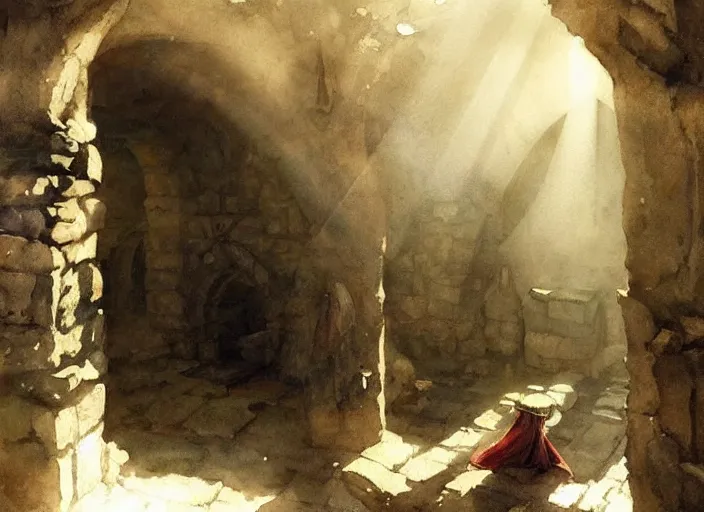 Prompt: watercolor painting of dark ruin cellar, stone walls, lantern, very beautiful ambient lighting, sun rays, dust, art by anders zorn, wonderful masterpiece by greg rutkowski, cinematic light, american romanticism by greg manchess, creation by tyler edlin