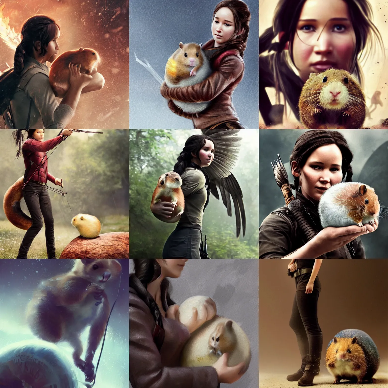 Prompt: katniss everdeen holding onto a giant hamster, digital art by greg rutkowski, but as macro!!!!! photography