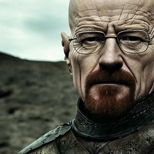 Image similar to walter white dresses like a knight from game of thrones, holding a sword, cinematic, highly - detailed, 8 k, hbo, game of thrones, realistic