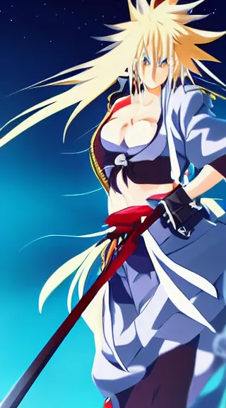 Image similar to Anime Screenshot of a Baiken unsheathing her sword at night, strong blue rimlit, visual-key, anime illustration, pixiv, anime-twitter