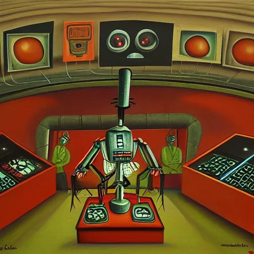 Image similar to robot being reanimated inside a dome - shaped control center, evil lair, lowbrow surrealism, pj crook, oil on canvas