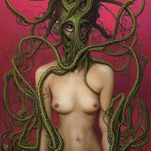 Image similar to very detailed portrait of a 2 0 years old girl surrounded by tentacles, the youg woman visage is blooming from fractal and vines, painted by esao andrews and karol bak and zdzislaw beksinski and zdzisław beksinski