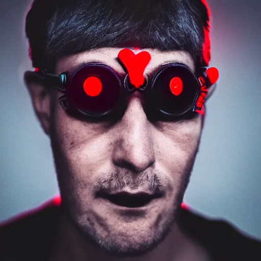 Image similar to man with a crown, smirk, photograph, black backgrounds, glowing red eyes, cyberpunk