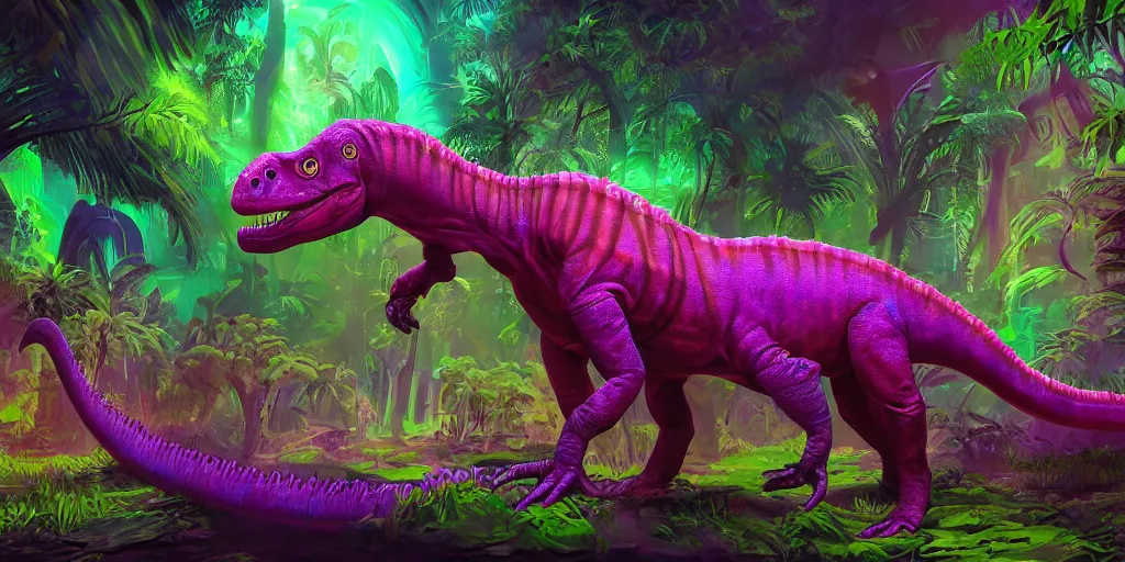 Image similar to spectral purple neon dinosaur, green jungle background, detailed, fantasy, oil painting, ultrawide landscape, concept art