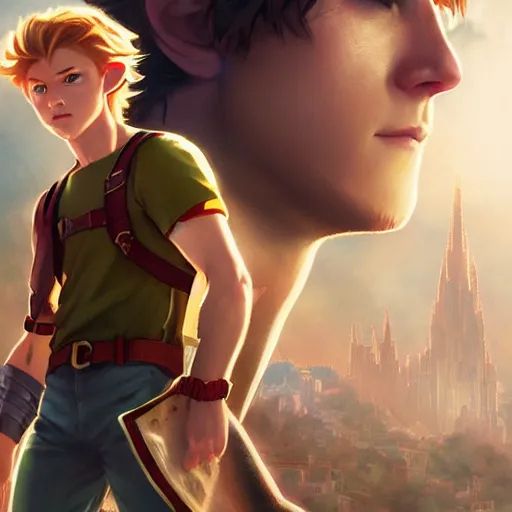 Prompt: Link The movie,live action,played by Tom Holland, blonde hair,detailed 8k,in the style of a movie poster,medium shot,by rossdraws and greg rutkowski