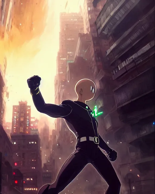 Image similar to gigachad luigi charging ultimate attack like one punch man wearing a suit in the city fighting a scifi mech, fantasy character portrait, ultra realistic, anime key visual, concept art, intricate details, highly detailed by greg rutkowski, ilya kuvshinov, gaston bussiere, craig mullins, simon bisley