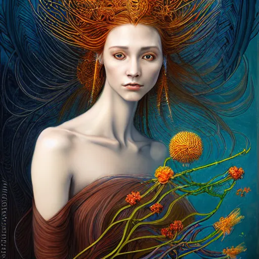 Image similar to portrait of a young female wizard in flowing sensual dress, arrogant, long fine flowing hair, delicate, looking at camera, slight nerdy awkward smile, realistic face, stylish, elegant, grimdark fantasy, flowers, mysterious, extremely detailed painting inspired by Gerald Brom and Ernst Haeckel and Victor Nizovtsev, studio lighting