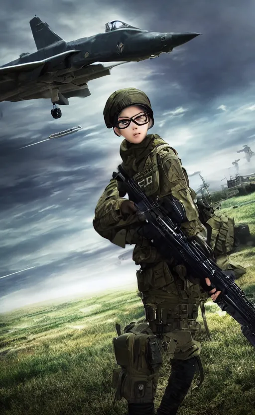 Prompt: girl, trading card front, future soldier clothing, future combat gear, realistic anatomy, war photo, professional, by ufotable anime studio, green screen, volumetric lights, stunning, military camp in the background, metal hard surfaces, real face, small black shaded glasses, strafing attack plane