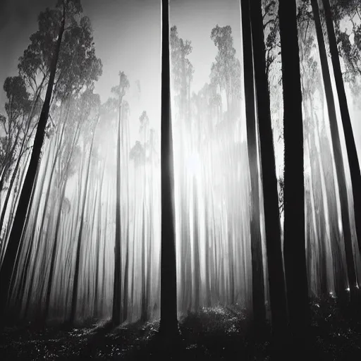 Image similar to long exposure photograph of eucalyptus trees, strong wind, back light, dslr, photographed by uta barth