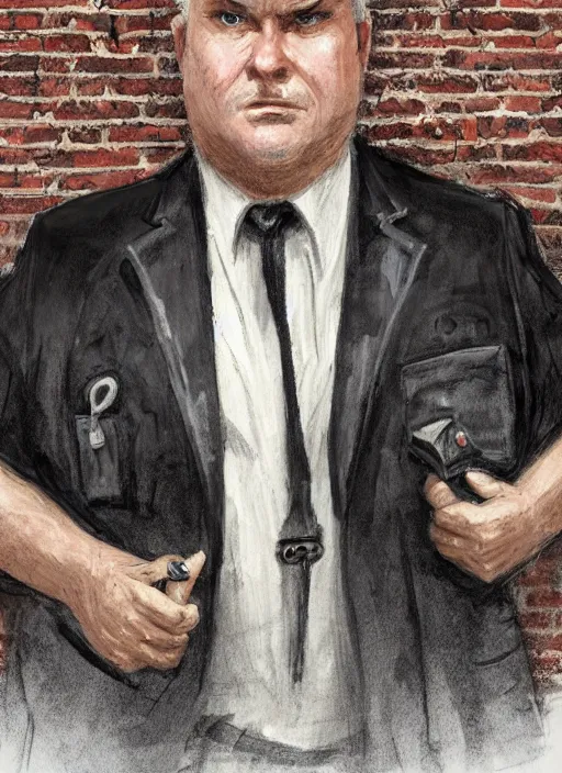 Prompt: a highly detailed illustration of 6 7 year - old clean - shaven chubby chubby chubby white man wearing black detective coat with necktie, heroic pose, brick wall background, intricate, elegant, highly detailed, centered, digital painting, artstation, concept art, smooth, sharp focus, league of legends concept art, wlop.