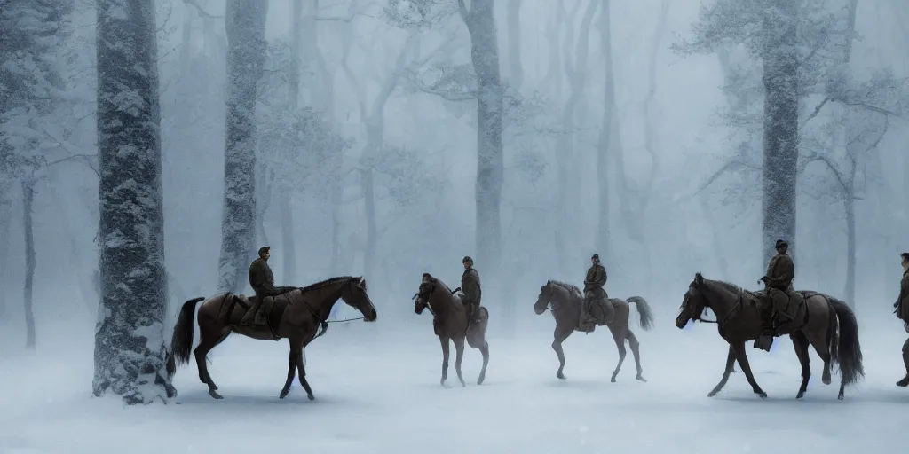 Image similar to a cinematic movie still render of ww 2 1 9 4 3 soldiers on horse back in a snowy forest of dead trees, snow covered ww 2 soldiers riding horses through a snow storm in a forest, octane render by greg rutkowski, digital render