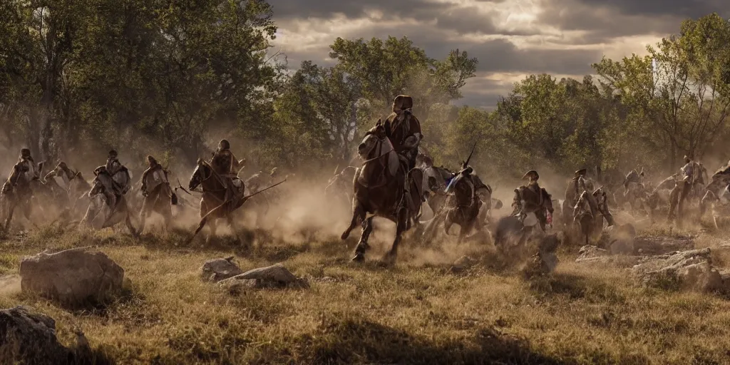 Image similar to promotional movie still rendered in 8 k hq 3 d octane ue 5, of an action shot from little bighorn, majestic action, focusing on the offset center of the scene, intense dramatic hdr, natural light, cinematic lighting, extremely high detail, photorealistic,