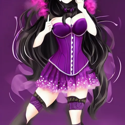 Image similar to a beautiful anime woman with long black hair, wearing a black corset top and a purple tutu, digital art, fantasy art