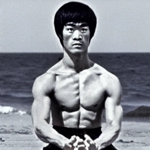 Image similar to bruce lee meditating on the beach