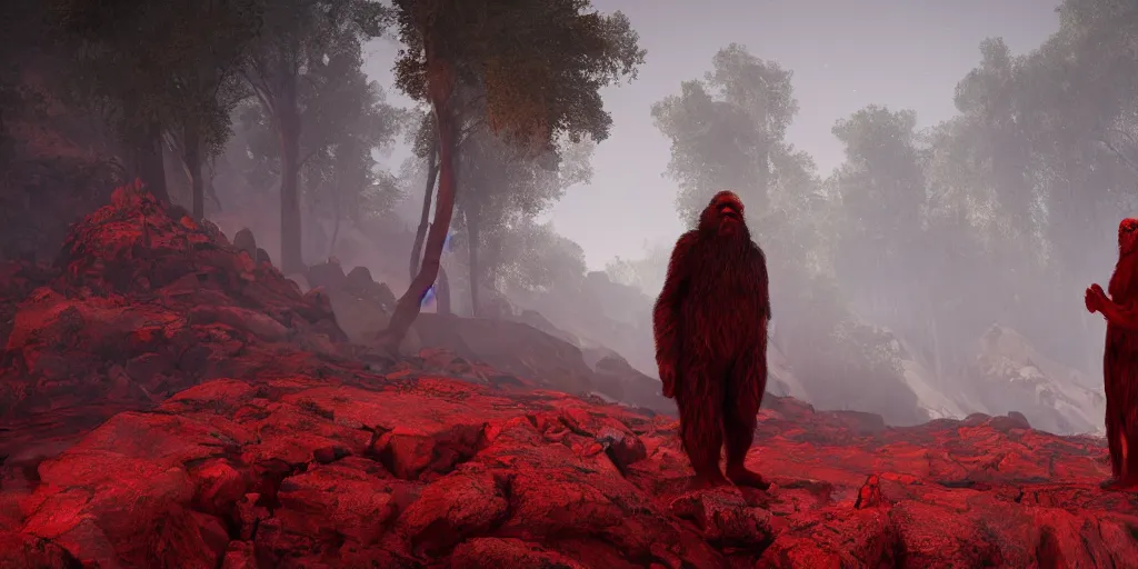 Image similar to the end is near. a tired yeti and bigfoot standing in the atlas mountains. face is highly detailed. splices of red are running down his toga. mist. color scheme red. low angle close shot. atmospheric. global illumination. unreal engine render. imagined by jeremy lipking