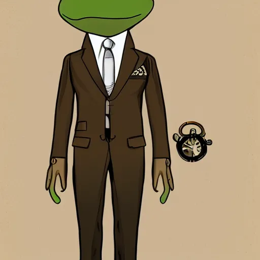 Prompt: frog in brown three. piece suit with pocket watch, concept art style