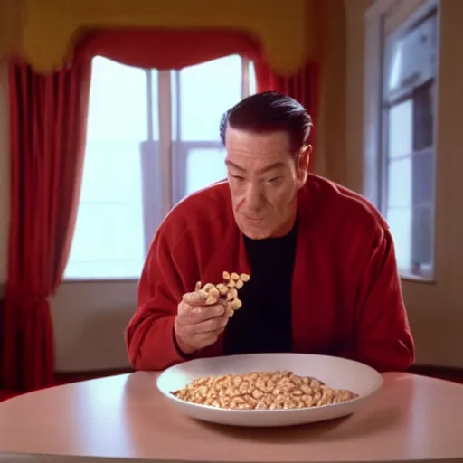 Image similar to a film still of bob from twin peaks eating cereal in the red room, cinematic lighting, high resolution, 4 k