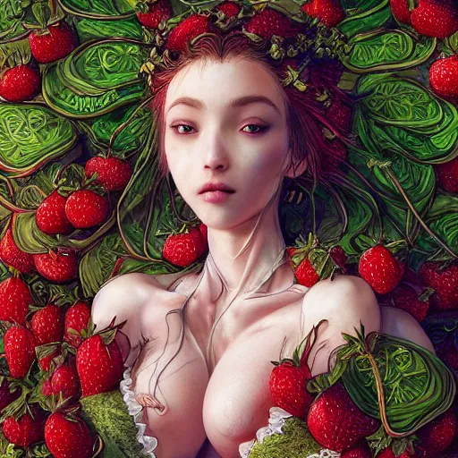 Image similar to the portrait of an absurdly beautiful, graceful, elegant, sophisticated, chaste woman made of strawberries and green petals looking up, an ultrafine hyperdetailed illustration by kim jung gi, irakli nadar, intricate linework, bright colors, octopath traveler, final fantasy, unreal engine 5 highly rendered, global illumination, radiant light, detailed and intricate environment