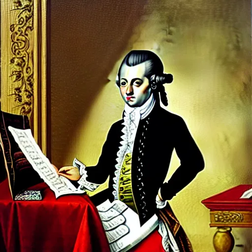 Image similar to mozart playing video games, old painting, highly detailed