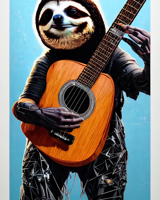 Image similar to a portrait of an anthropomorphic cyberpunk sloth strumming a 1 2 string acoustic guitar by sandra chevrier, by jon foster, detailed render, tape deck, epic composition, cybernetics, 4 k realistic, cryengine, realistic shaded lighting, sharp focus, masterpiece, by enki bilal