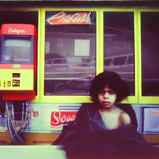 Image similar to Ashoka at a gas station, 90s polaroid, by Saul Leiter, Jamel Shabazz, Nan Goldin