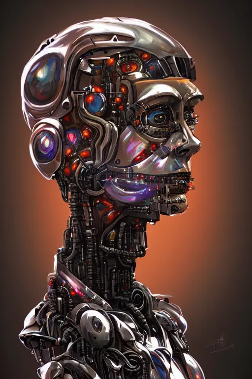 Prompt: portrait of a teen robot, dystopian, incredible art by Arcimboldo, cyborgpunk, biopunk, sci-fi, digital painting, artstation, concept art, smooth, sharp focus, illustration, chiaroscuro lighting