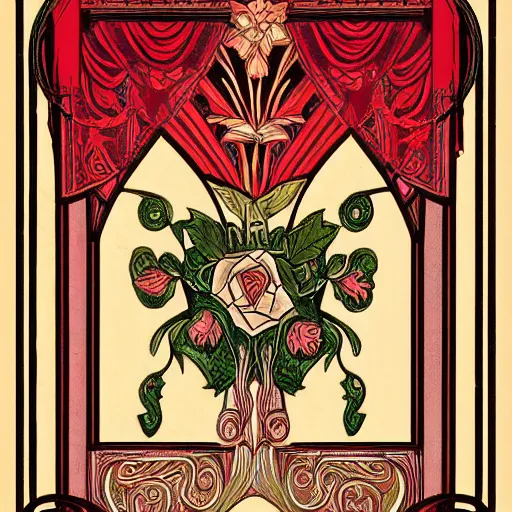 Image similar to symmetrical mural painting from the early 1 9 0 0 s in the style of art nouveau, red curtains, art nouveau design elements, art nouveau ornament, scrolls, flowers, flower petals, rose, opera house architectural elements, mucha, masonic symbols, masonic lodge, joseph maria olbrich, simple, iconic, graphic, masonic art, masterpiece