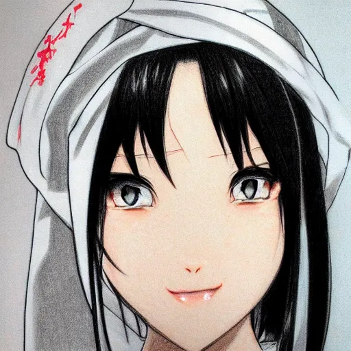 Image similar to full headshot portrait of a girl with long black hair, wearing a surgical mask, drawn by ATDAN, by Avetetsuya Studios, attractive character, colored sketch anime manga panel, trending on Pixiv